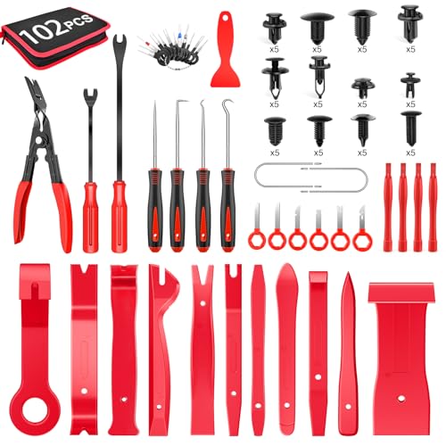 GOOACC 102Pcs Auto Trim Removal Tool and Push Pin Retainer Clip Set Red | Fastener Terminal Remover Tool Adhesive Cable Clips Panel Remover Kit Car Panel Radio Removal Auto Clip Pliers - color: 42Pcs Remover + 60Pcs Clips, size: Clips+Remover