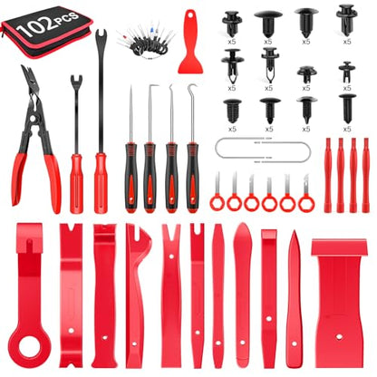 GOOACC 102Pcs Auto Trim Removal Tool and Push Pin Retainer Clip Set Red | Fastener Terminal Remover Tool Adhesive Cable Clips Panel Remover Kit Car Panel Radio Removal Auto Clip Pliers - color: 42Pcs Remover + 60Pcs Clips, size: Clips+Remover