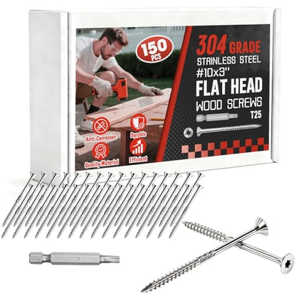 #10x3 Inch 304 Stainless Steel Deck Screws 150 PCS - Corrosion-Resistant Outdoor Wood Fasteners for Fences, Decks, Wood Project - T25 Star Drive Bit - size: #10 x 3" 150Pcs