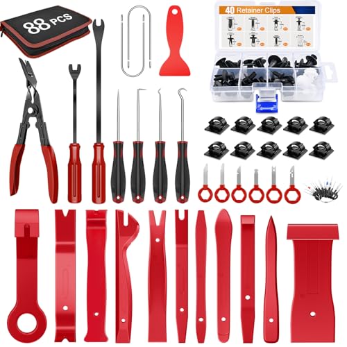 GOOACC 88Pcs Auto Trim Removal Tool and Push Pin Retainer Clip Set | Fastener Terminal Remover Tool Adhesive Cable Clips Pry Kit Car Panel Radio Removal Auto Clip Pliers - color: 48Pcs Remover +40Pcs Clips