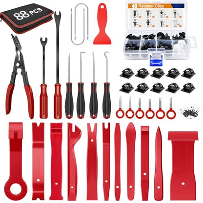 GOOACC 88Pcs Auto Trim Removal Tool and Push Pin Retainer Clip Set | Fastener Terminal Remover Tool Adhesive Cable Clips Pry Kit Car Panel Radio Removal Auto Clip Pliers - color: 48Pcs Remover +40Pcs Clips