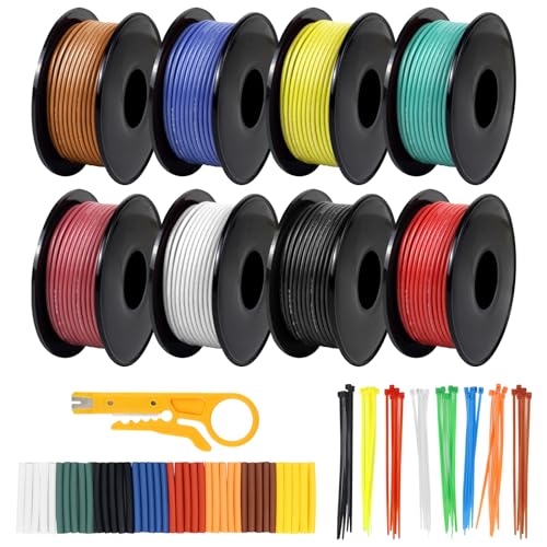 24 AWG Stranded Wire Spool, 16.5ft Each in 8 Colors - Silicone Electrical Tinned Copper Wire, 24 Gauge Flexible Hook Up Wire Kit for DIY, Automotive, Home, and Power Wiring - size: 16.5FT 8 Colors, style: 24AWG