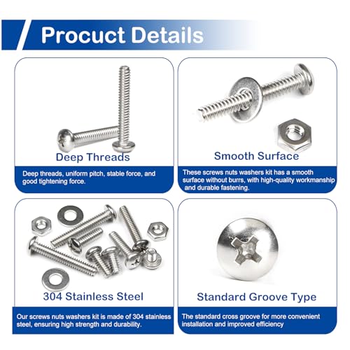 206Pcs #10-24 x 1/4" to 1-1/4" Pan Head Machine Screws Nuts Washers Kit | 304 Stainless Steel, UNC Fully Threaded Phillips Drive, 8 Lengths for Furniture Cabinet, Electrical Appliances Repair - size: #10-24