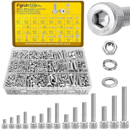 1220PCS M3 M4 M5 M6 Metric Screws Assortment Kit,Hex Socket Head Cap Bolts Nuts and Washers Assorted Kit,304 Stainless Steel Hardware Set for DIY, 3D Printer - size: SS M3M4M5M6 1220pcs