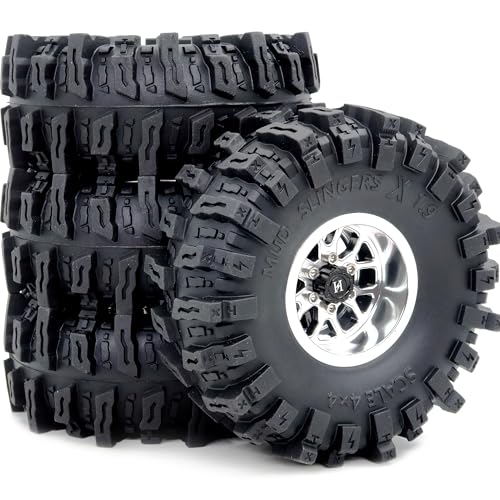 4.85'' Tall Mud Slingers X 1.9 tires T8 & -10.5mm Negative Offset 1.9 Beadlock wheels rims For 1/10 Crawler SCX10 TRX4 Upgrades,HS701550 - color: Silver