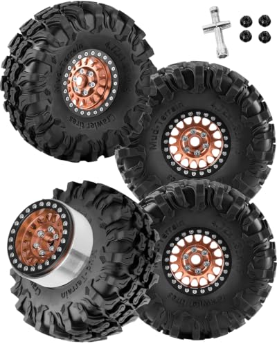 1.9" Aluminum Alloy Beadlock Wheels & Tires 4PCS, RC Wheel Rim Rubber Tire Set Compatible with 1/10 SCX10 90046 AX103007 SCX10 II III TRX4 Gen7 Gen8 RC Crawler Car,Bronze - color: Bronze(4pcs)