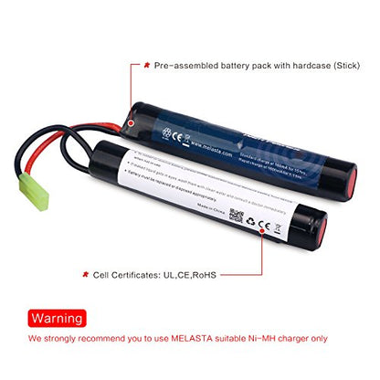 melasta 9.6V 1600mAh Nunchuck NiMH Battery 2-Pack for Airsoft Guns | Compatible with Mini Tamiya. Fits M4, G36, M110, SR25, M249, M240B, M14, RPK, PKM, L85, AUG, G3. High-capacity rechargeable.
