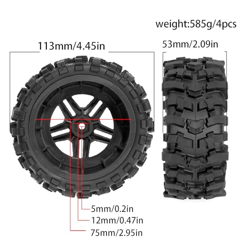 STMU 1/10 RC 12mm Hex RC Wheels and Tires （4pcs） OD 4.45''for 1/10 RC Off-Road Car Traxxas TRX4 Slash Arrma Losi Tenacity Vkar 10sc Hpi RC Buggy Car (Black) - color: Black