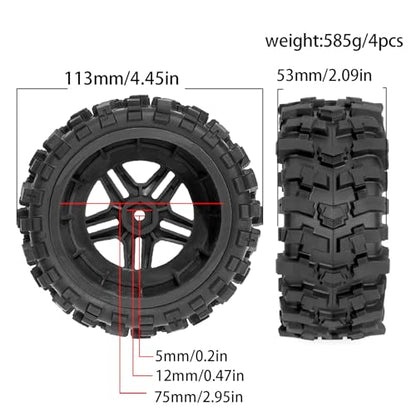 STMU 1/10 RC 12mm Hex RC Wheels and Tires （4pcs） OD 4.45''for 1/10 RC Off-Road Car Traxxas TRX4 Slash Arrma Losi Tenacity Vkar 10sc Hpi RC Buggy Car (Black) - color: Black
