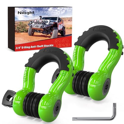 Nilight 3/4" D Ring Anti-Theft Shackle Tow Hook Jeep Truck SUV ATV UTV | Off Road Recovery Gear 19T 41,887 lbs Break Strength 4.75T WLL Rust-Resistant Anti-Rattle Isolators Heavy Duty Green 2pack - color: Green 3/4" w/Anti-Theft Shackle, size: Shackle
