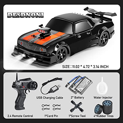 Remote Control Car RC Drift Car 1:16 Scale 4WD 18KM/H High Speed Model Vehicle 2.4GHz with LED Lights Spray Rubber Tire Racing Sport Toy for Adults Boys Girls Kids Gift 2Pcs Rechargeable Batteries - color: B-black