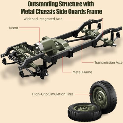 RC Jeep 1/10 Scale Willys Hobby RC Car Off-Road Military Crawler, 2.4Ghz Military Truck 4WD RC Crawler with Light, Tarpaulin, Metal Shaft, 4x4 Off Road Vehicle RTR Jeep Car, 2 Batteries