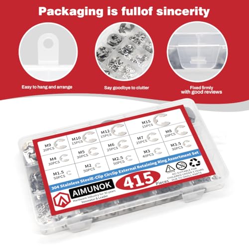 415Pcs E-Clip External Retaining Rings Snap Rings Assortment Set, 304 Stainless Steel C-Clip Kit, 14 SAE Sizes Circlip Snap Rings M1.5- M15 - size: 415pcs E-clip 304 Stainless Steel