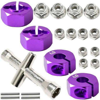 Aluminum 12mm Hex Wheel Hub 4Pcs w/Axle Pin M4 Flange Lock Nut Standard M3 M4 Nut 6mm Thickness Wheel Drive Adapter for 1/10 Traxxas HSP Redcat Rc4wd Tamiya Axial SCX10 WLtoy RC Car(25Pcs) - color: Purple, size: 6.0 Purple