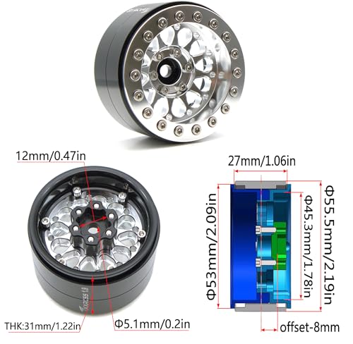 Rc 1.9 Inch Beadlock Wheel Negative Offset 8mm Aluminum Wheel Rim Hex 12mm for 1/10 RC Crawler Axial SCX10 TRX4 VS4-10 Gen8 MST CFX 4PCS (Silver) DK1908 - color: Silver