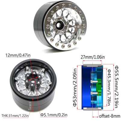 Rc 1.9 Inch Beadlock Wheel Negative Offset 8mm Aluminum Wheel Rim Hex 12mm for 1/10 RC Crawler Axial SCX10 TRX4 VS4-10 Gen8 MST CFX 4PCS (Silver) DK1908 - color: Silver