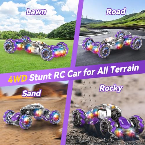 Nicella Gesture Sensing RC Stunt Car, Remote Control Cars Transformer Toys for Age 5-7 6-12 8 9 10 11 Yr Boys Girls Birthday Halloween, 2.4Ghz Hand Control 360° Rotating Toys Car - color: Purple/White