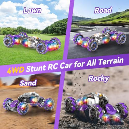 Nicella Gesture Sensing RC Stunt Car, Remote Control Cars Transformer Toys for Age 5-7 6-12 8 9 10 11 Yr Boys Girls Birthday Halloween, 2.4Ghz Hand Control 360° Rotating Toys Car - color: Purple/White