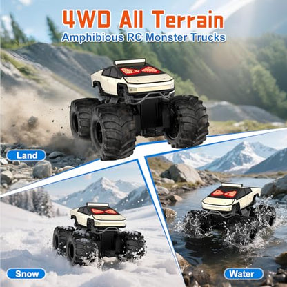 Amphibious Monster Truck with LED Eyes, 1:18 Waterproof Remote Control Car | 2.4 GHz Rechargeable RC Cars Toy Truck, 4WD All Terrain Off-Road Pickup, Toys for 6+ Year Old Kids Christmas Birthday Gifts - color: Light Gold