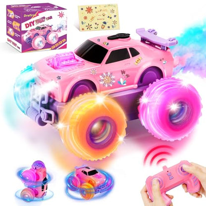 Drefirsa Princess Remote Control Car, Pink Monster Truck Girl Age 4-7 8-12 | DIY Sticker, Colorful Wheel Lights, Headlight, Stunt Car, Mist Spray, Toy for 3 4 5 6 7 8 Year Old Girl Birthday Gift - color: Pink