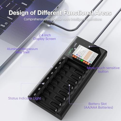 R Series AA AAA Battery Charger, Smart Rechargeable Charging Station with LCD, 8/16/24-Slot Independent Charging, Discharge/Activation/Cycle, Adjustable Current for 1.2V NiMH NiCd (8-Bay) - size: 8-bay