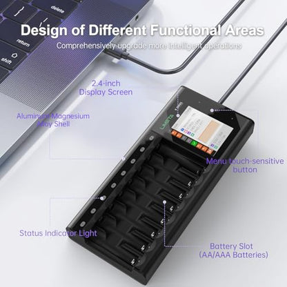 R Series AA AAA Battery Charger, Smart Rechargeable Charging Station with LCD, 8/16/24-Slot Independent Charging, Discharge/Activation/Cycle, Adjustable Current for 1.2V NiMH NiCd (8-Bay) - size: 8-bay