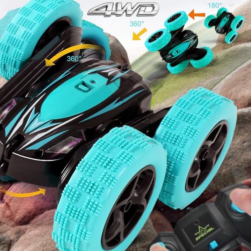 Remote Control Car: Double Sided 360°Rotating 4WD RC Cars 2.4GHz Electric Race Stunt Toy Car Rechargeable Toy Cars for 6 7 8 9 10 11 12 Year Old Boys Girls Kids Christmas Birthday Gifts Cyan - color: Cyan
