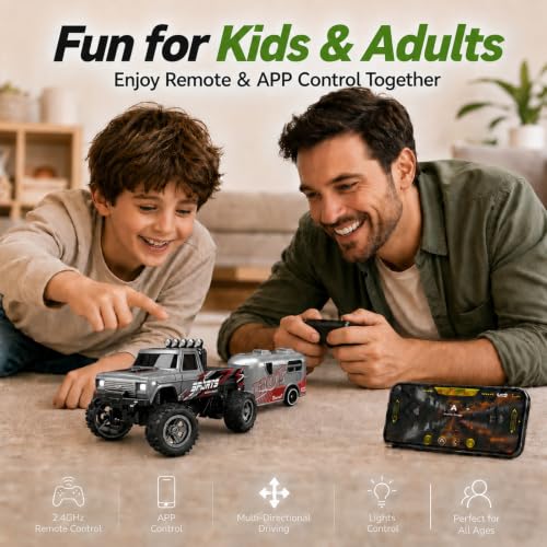 1:64 Scale Mini Remote Control Monster Truck with Trailer | 2.4GHz & App Dual Control, Alloy Mini RC Car with LED Lights, Portable Pocket Toy Car for Kids & Adults, Gift for Boys (Grey) - color: Grey