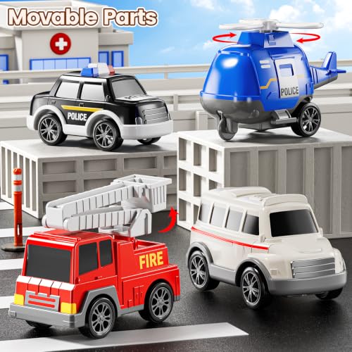 JUKUDAHU 5-in 1 Play Ambulance Toy Vehicle Toddler Truck Toys for 3 4 5 6 7 Year Old Boys - Friction Powered Cars with Light and Sound, Police Car, Fire Truck, Ambulance Car, Birthday Gifts for Kids - style: 5 IN 1 Ambulance Truck