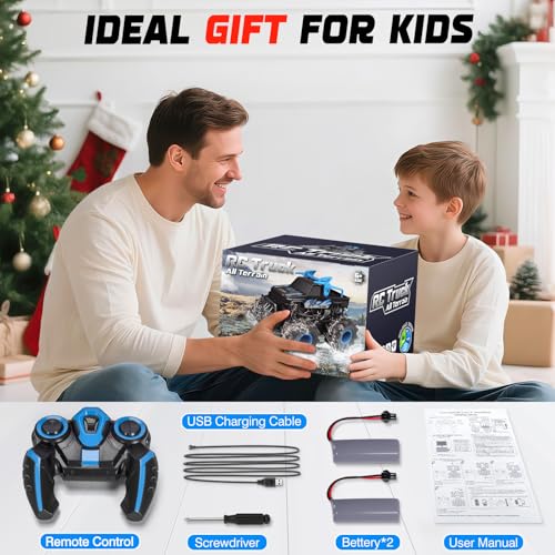 Remote Control Car for Kids, Waterproof RC Monster Truck with Gesture Band | All Terrain Waterproof RC Car Drives on Land and Water with 4WD, LED Lights, Spray, 360° Stunts, Tracks and 50+ Min Play - color: Blue