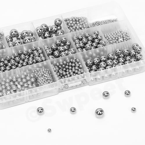 Swpeet 620Pcs 6 Sizes 3/16" 7/32" 1/4" 5/32" 1/8" 3/32" Imperial Precision 304 Stainless Steel Bearing Balls Assortment Kit, Assorted Loose Bicycle Bearing Balls for Bicycles Casters