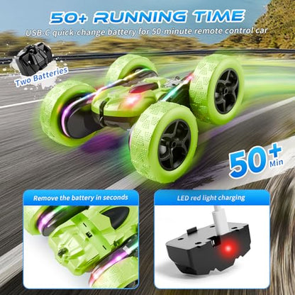 Remote Control Car – 4WD 360° Flip Double‑Sided RC Stunt Car LED Light Bar & USB‑C Modular Battery, Off‑Road Toys for Boys Ages 6‑12, Birthday Gift, Black‑Green - color: Black&green
