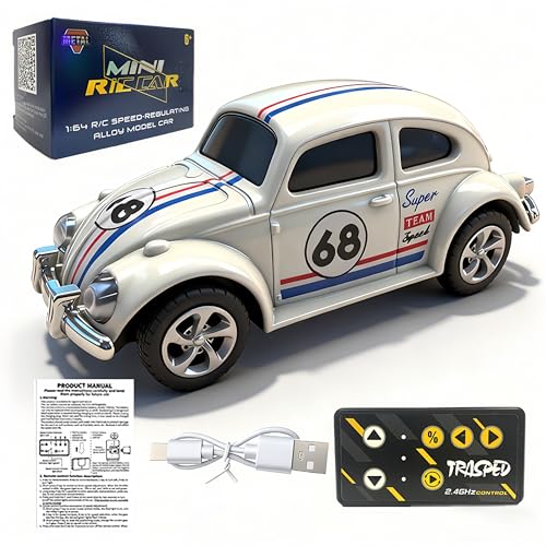 Mini RC Car, Alloy 1/64 RC Car [LED Lights] [3 Speeds Modes] [Rechargeable Battery] Retro Beetle with Remote Control, White - color: White