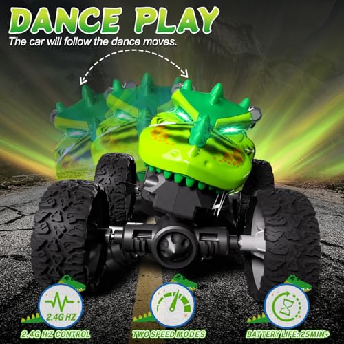 Monster Trucks Toys,2.4GHz Remote Control Car For Boys 4-7,Dinosaur Metal Shell & RGB Light,360° Spin & Walk Upright, With Built-In USB-C Rechargeable Battery,Christmas& Birthday Creativity Gifts.