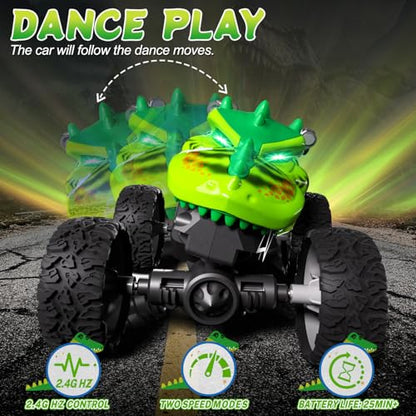 Monster Trucks Toys,2.4GHz Remote Control Car For Boys 4-7,Dinosaur Metal Shell & RGB Light,360° Spin & Walk Upright, With Built-In USB-C Rechargeable Battery,Christmas& Birthday Creativity Gifts.