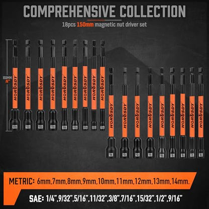 HORUSDY 18Pcs Nut Driver Set SAE and Metric, Impact Magnetic Nut Driver for impact drill, 6 Inch Extra Long Nut Drivers, Cr-V Steel 1/4" Hex Shank Quick Change, with Storage Case - style: 18-Piece Nut Driver Set
