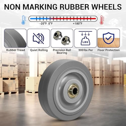 4'' Heavy Duty Rubber Caster Wheels, ASOMWLS Industrial Casters Set of 4 with Load 1200lbs Capacity, Non Marking Replacement Wheels for Cart Dolly Trolley (4 Wheel) - style: 4 inch Wheel