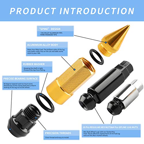 20Pcs Anti Theft Spiked Extended Tuner Wheel/Rims Lug Nut M12X1.5+Socket (Gold) - color: Gold