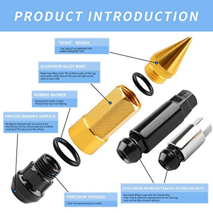 20Pcs Anti Theft Spiked Extended Tuner Wheel/Rims Lug Nut M12X1.5+Socket (Gold) - color: Gold