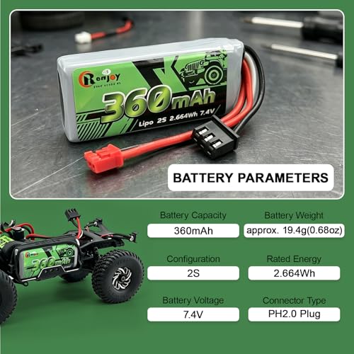 2PCS 7.4V Lipo Battery 2S 360mAh PH2.0 Plug Rechargeable Lithium Battery with RC Battery Side Plate and ESC Receiver Side Tray for RC Axial SCX30 Upgrade Crawler Car Trucks - color: 2pcs 360mAh, w/ battery & ESC trays