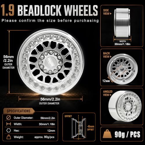 4PCS 1.9" RC Beadlock Wheels with12mm Hex & -6mm Offset Aluminum 30mm Wide Rims for 1/10 RC Crawler, Compatible with TRX4 TRX6 SCX10 SCX10 II III Gen8 RC4WD D90 90046 AXI03007 - color: Silver-Silver