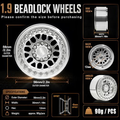 4PCS 1.9" RC Beadlock Wheels with12mm Hex & -6mm Offset Aluminum 30mm Wide Rims for 1/10 RC Crawler, Compatible with TRX4 TRX6 SCX10 SCX10 II III Gen8 RC4WD D90 90046 AXI03007 - color: Silver-Silver