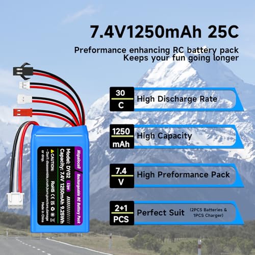7.4V Lipo Battery 2S 30C 1250mAh with JST&PH2.0&MX2.0&SM2.0 Plug Connector and USB Charger for SCX24 CR18P FCX18 FCX24 RC Crawler WLtoys A949 K929 and 1/10, 1/16, 1/18, 1/24 RC Car/Boat/Airplane