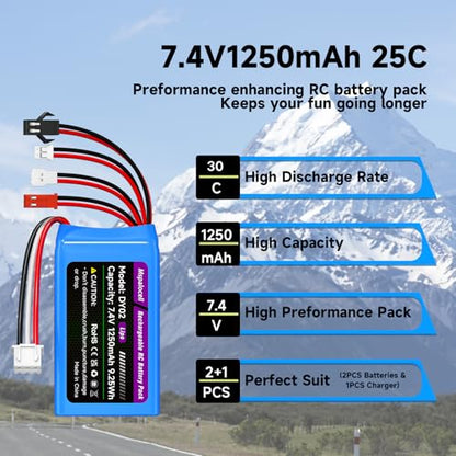 7.4V Lipo Battery 2S 30C 1250mAh with JST&PH2.0&MX2.0&SM2.0 Plug Connector and USB Charger for SCX24 CR18P FCX18 FCX24 RC Crawler WLtoys A949 K929 and 1/10, 1/16, 1/18, 1/24 RC Car/Boat/Airplane