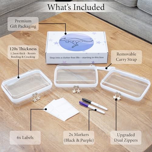 Clear Hard Shell Zipper Case Set (3 Large), 120s Thick PET Plastic, Dual Zippers with Star Charms, Removable Straps, Removable Labels with 2 Markers for Travel, Storage & Organization - size: 3 Large