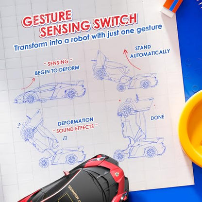 Holyton 1:10 Transforming RC Car, Large Remote Control Car | One-Button Transform to Robot, 2.4GHz Remote Control, Gesture Sensing, LED Lights, 80-Min Playtime, Gift for Kids Ages 5-12 - color: Red