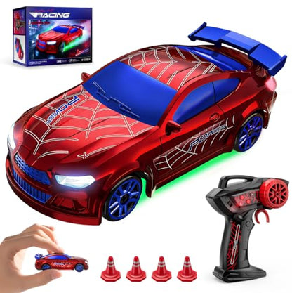 Mini RC Car 1:64 Scale, Remote Control Desktop Car for Kids & Adults | 2.4GHz Spider RC Drift Car with LED Lights & 2 Speeds, Includes 4 Obstacles, Hobby Gift for Boys, Red - color: Red