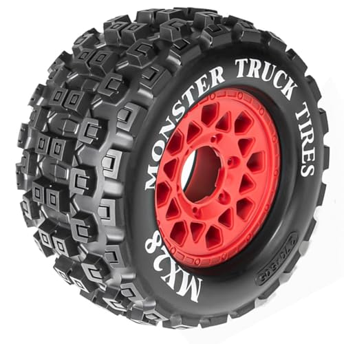 MX28 2.8" Tires and Wheels with 12mm/14mm Hex Upgrade Parts for 1/10 ARRMA Big Rock, Granite, VORTEKS 3S and Stampede, Rustler, Hoss RC Trucks 4pcs/Set(Red)