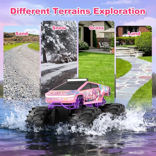 Amphibious Remote Control Car, 1:18 Waterproof Monster Truck Toys RC Cars, 2.4GHz RC Trucks 4WD All Terrain Off-Road Pickup, Kids Christmas Birthday Presents for Boy Girl Toys Age 6 7 8 9 10 11 12 - color: Pink