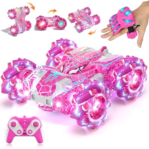 Gesture Sensing Remote Control Car Birthday Gift for Girl 3-12 | Double Sided RC Cars, Full-Body Light, 2.4GHz Hand Controlled, Rechargeable RC Stunt Car - color: Pink